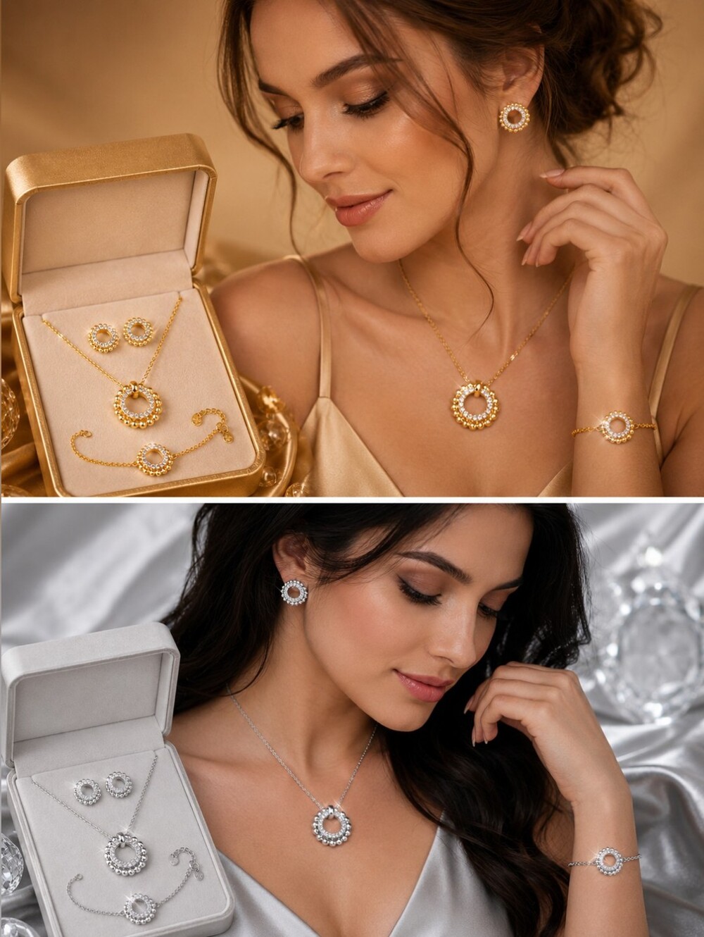 2 Tones. Classic Fashion Designer Jewelry 3pcs. Set Necklace, Earrings Bracelet